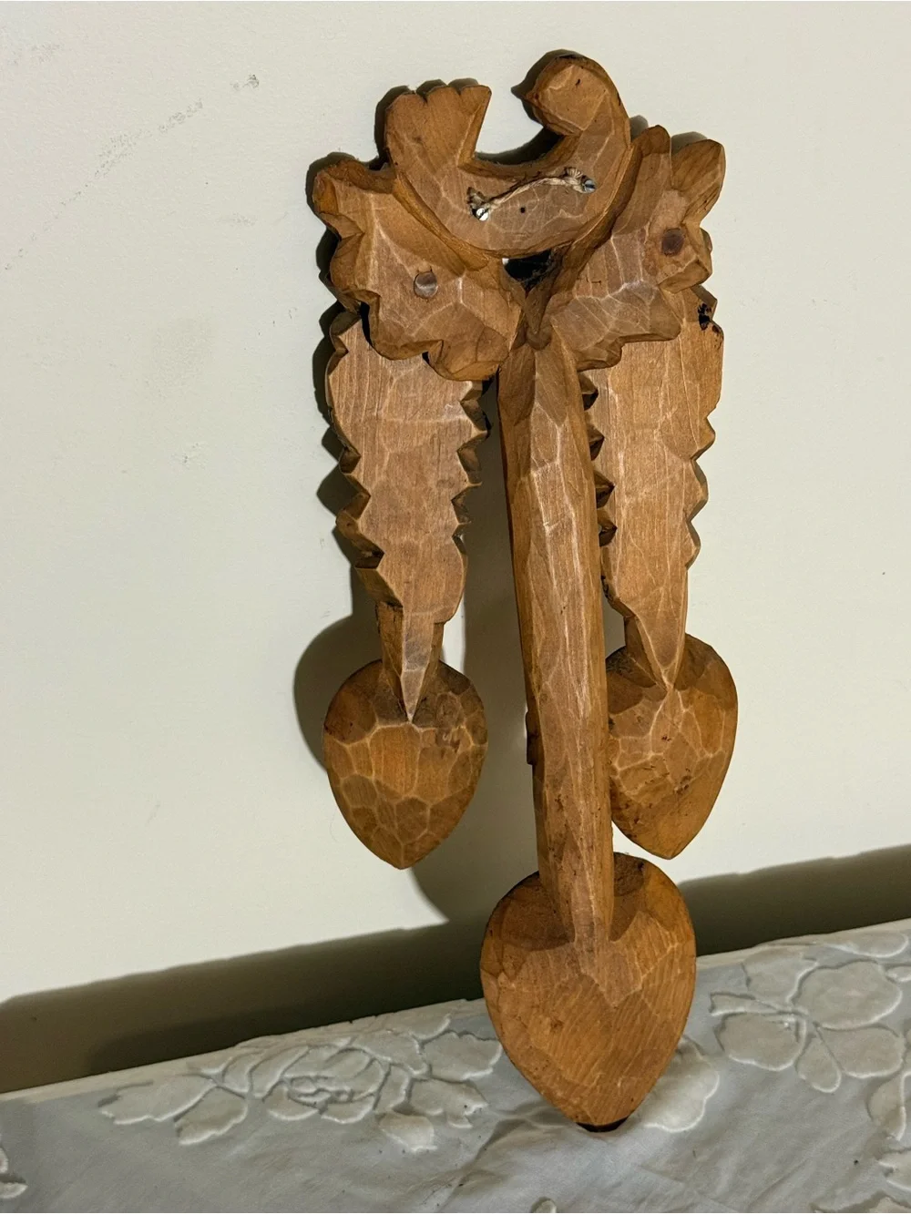 Carved Wooden Wall Hook Trio in Natural Brown